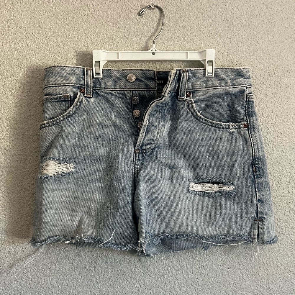 Express Light Blue Distressed Denim Shorts